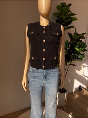 Black Crocheted Button-Up Vest with Gold Accents